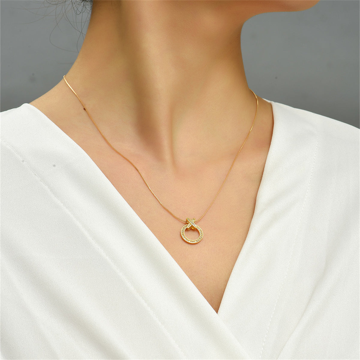 Cubic Zirconia and 18K Gold-Plated Circle Pendant Necklace, gold pendant necklace for women, everyday style, side view
