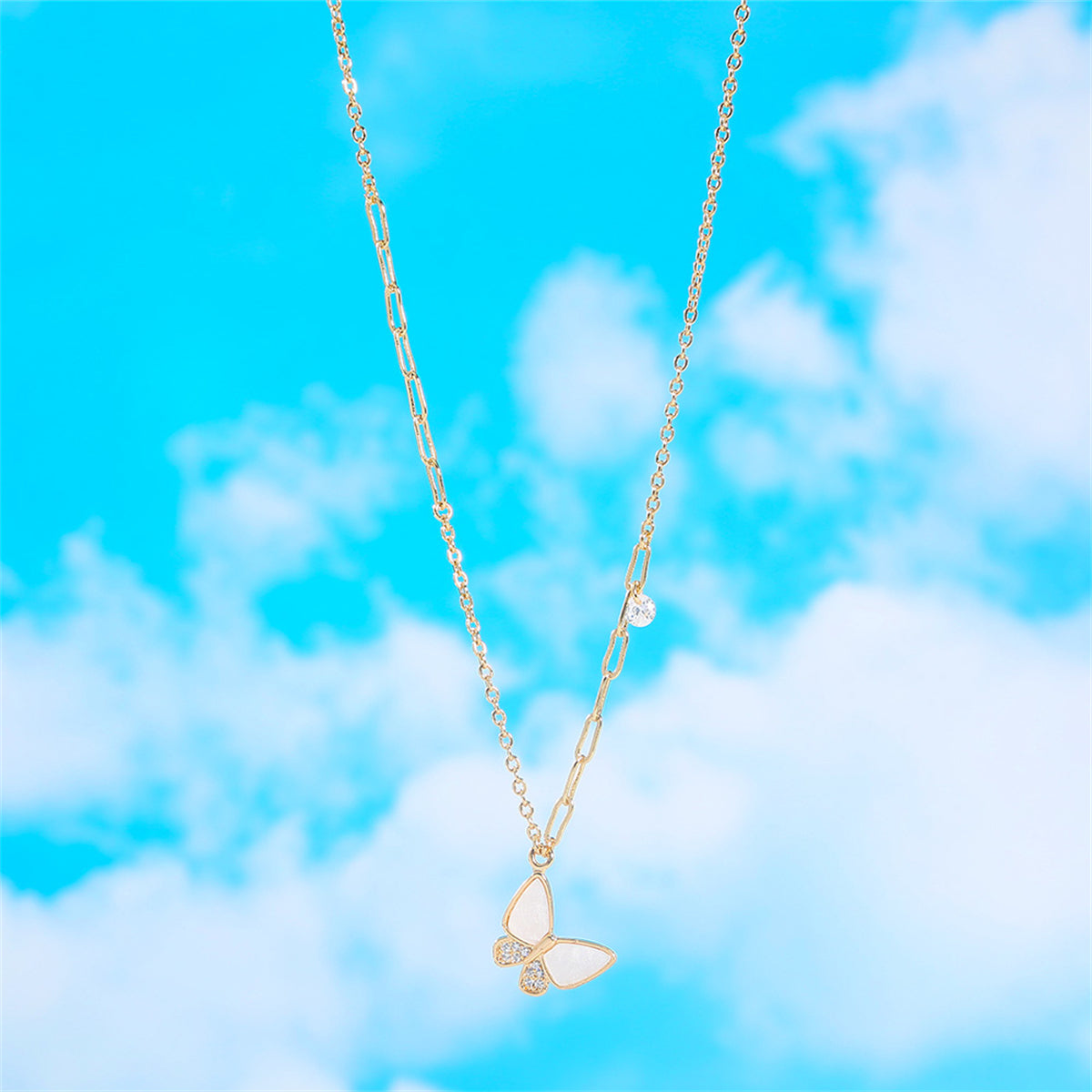 Cubic Zirconia & Acrylic 18K Gold-Plated Butterfly Pendant Necklace