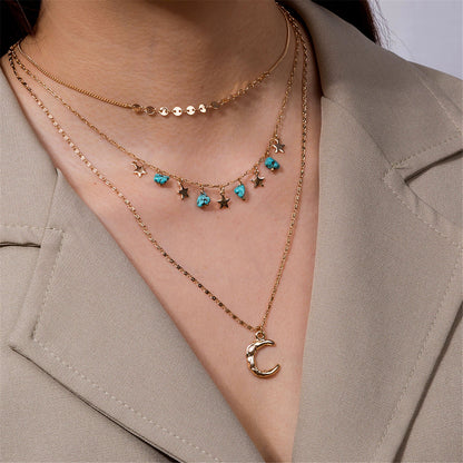 Turquoise and 18K Gold-Plated Layered Celestial Necklace, gold pendant necklace for women, lifestyle look
