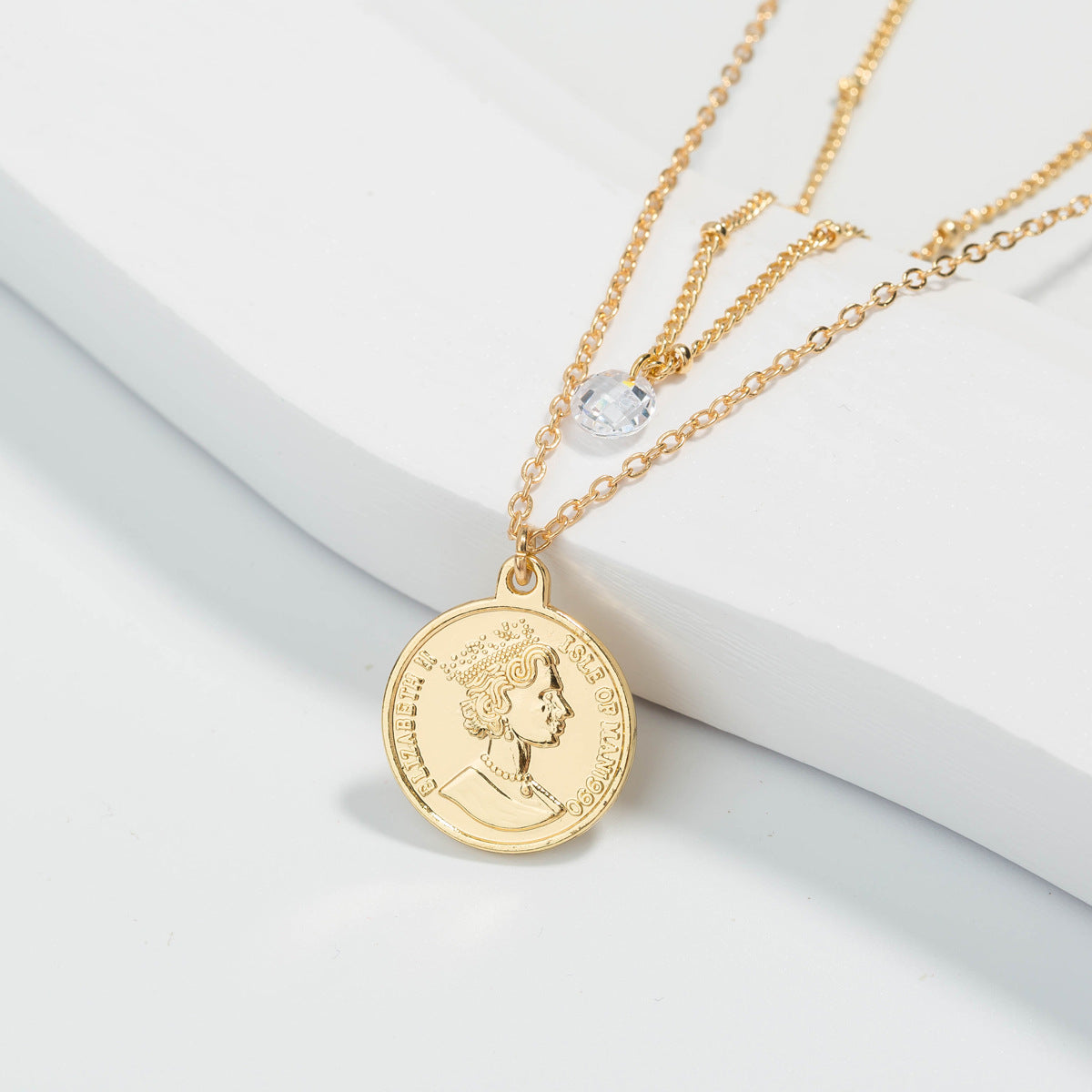 Cubic Zirconia & 18K Gold-Plated Coin Layered Necklace