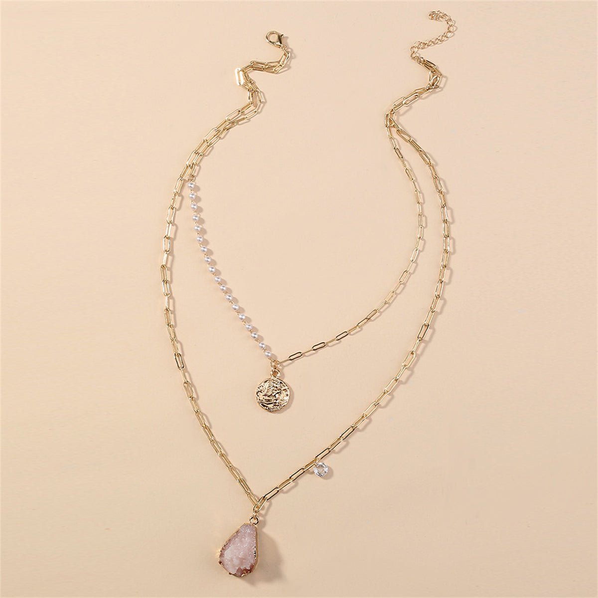 Pearl and Resin 18K Gold-Plated Coin Pendant Layered Necklace, gold pendant necklace for women, side view