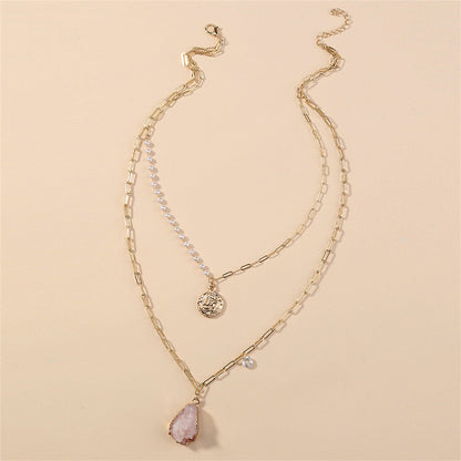 Pearl and Resin 18K Gold-Plated Coin Pendant Layered Necklace, gold pendant necklace for women, side view