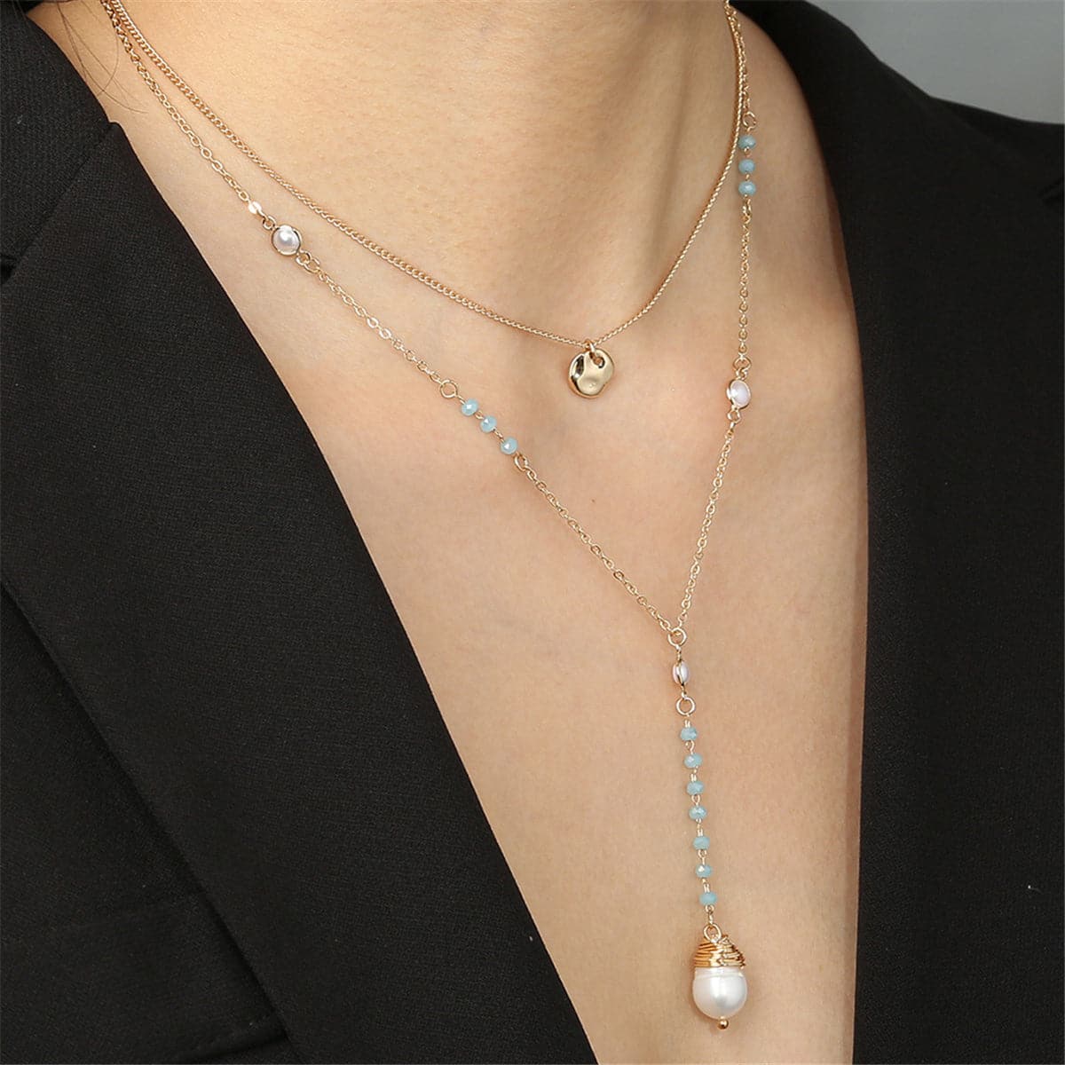 Pearl and Acrylic 18K Gold-Plated Layered Beaded Drop Necklace, gold pendant necklace for women, front view