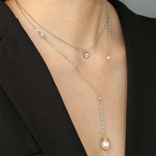 Pearl and Acrylic 18K Gold-Plated Layered Beaded Drop Necklace, gold pendant necklace for women, front view