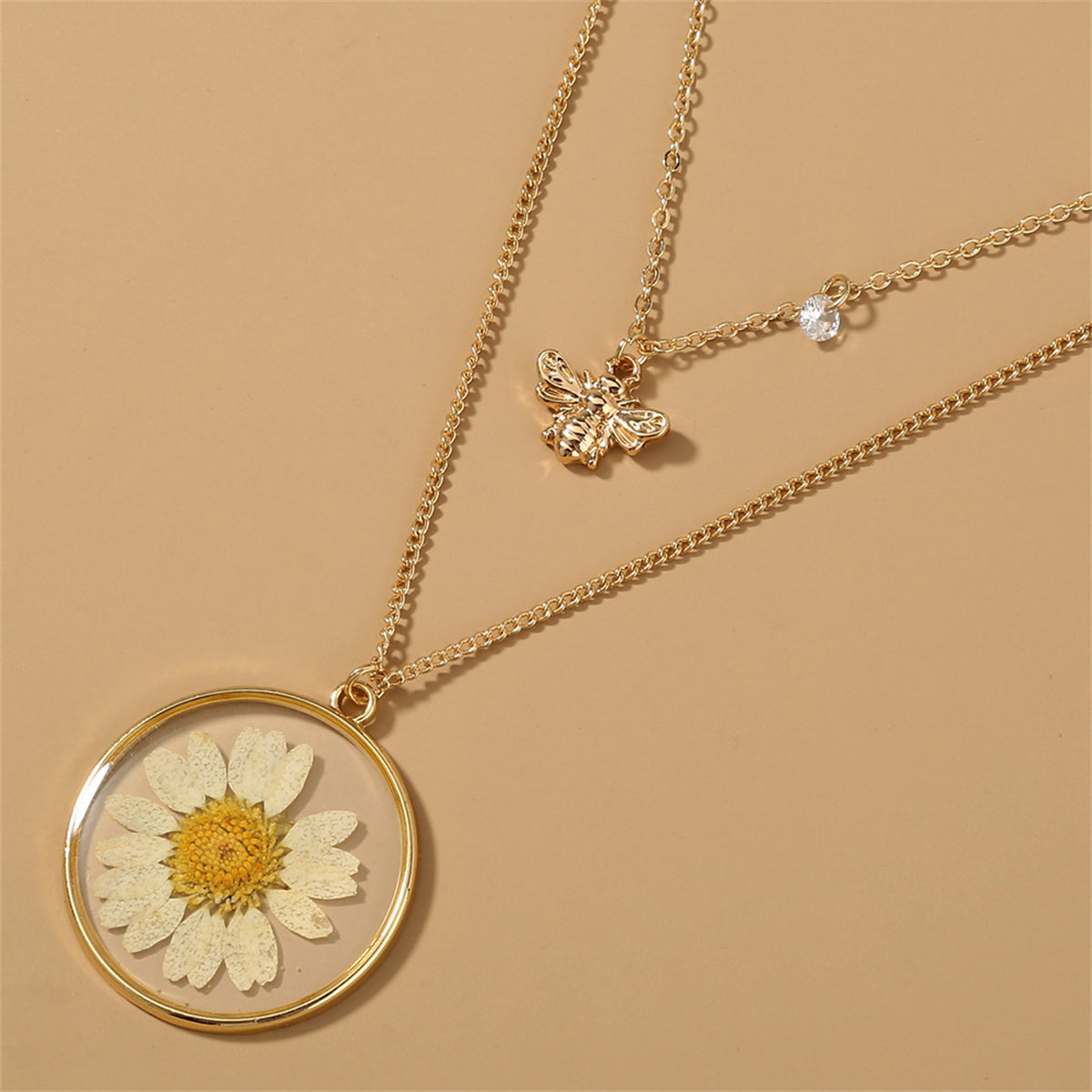 Cubic Zirconia & White Mum & Bee Layered Pendant Necklace