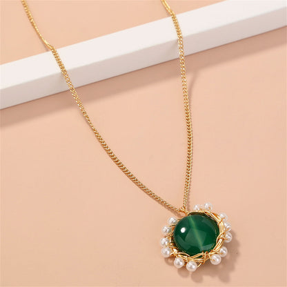 Green Crystal and Pearl 18K Gold-Plated Flower Pendant Necklace, gold pendant necklace for women, everyday style, front view