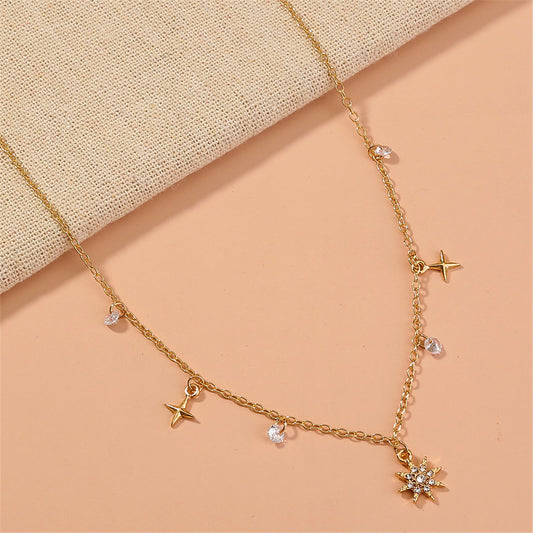 Cubic Zirconia and 18K Gold-Plated Celestial Station Necklace, gold pendant necklace for women, front view