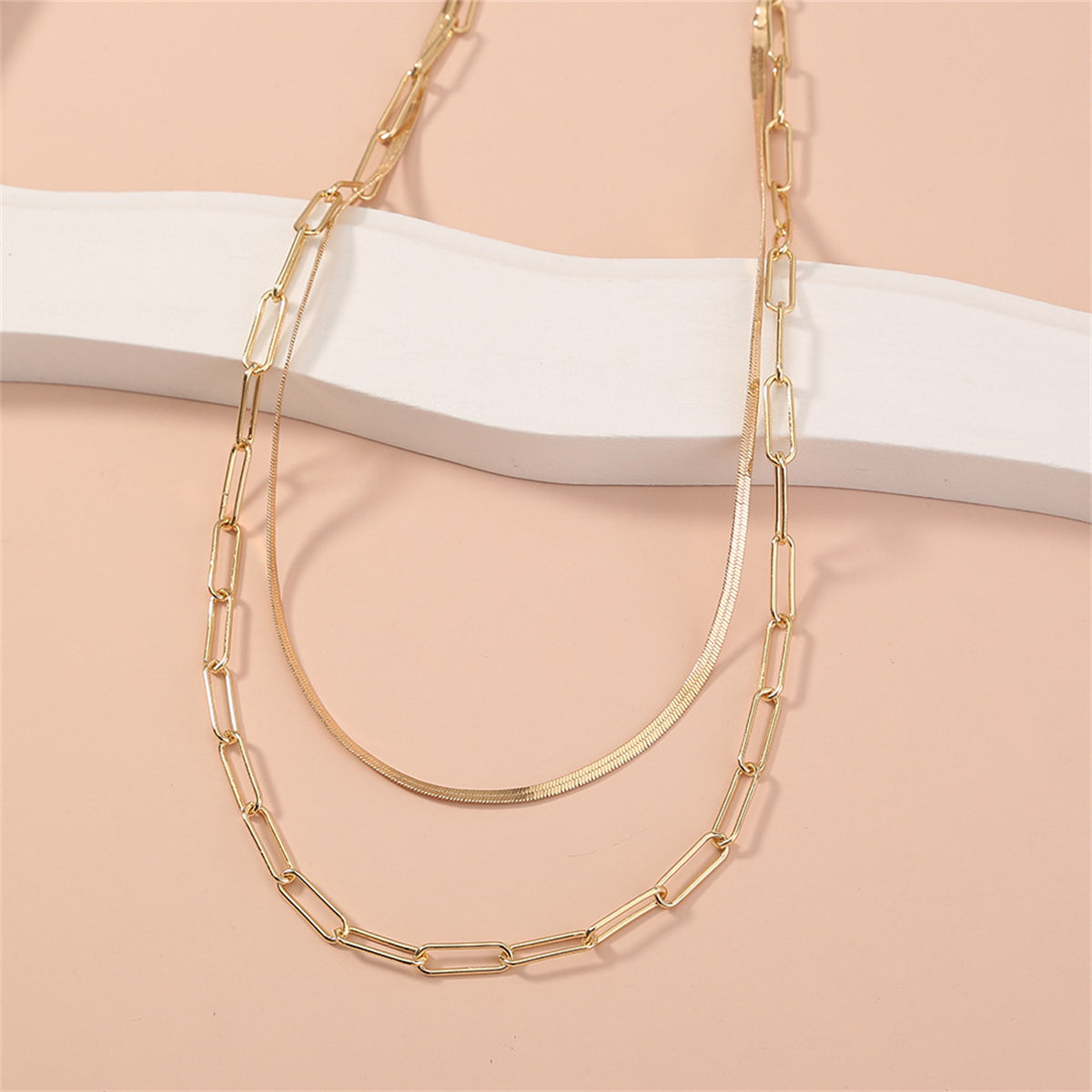 18K Gold-Plated Snake Chain and Open Rectangle Chain Layered Necklace, gold pendant necklace for women, lifestyle look