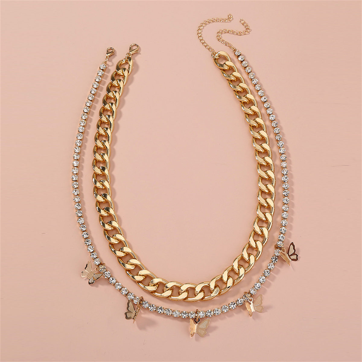 Cubic Zirconia and 18K Gold-Plated Butterfly Station Necklace Set, jewelry gift sets for women, detail close-up