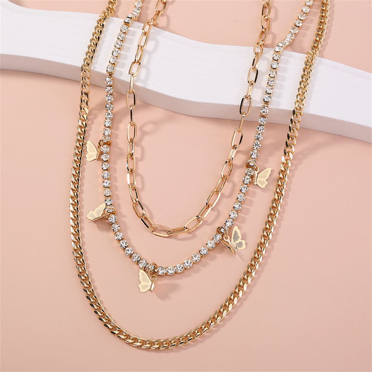 Cubic Zirconia & 18K Gold-Plated Butterfly Layered Chain Necklace