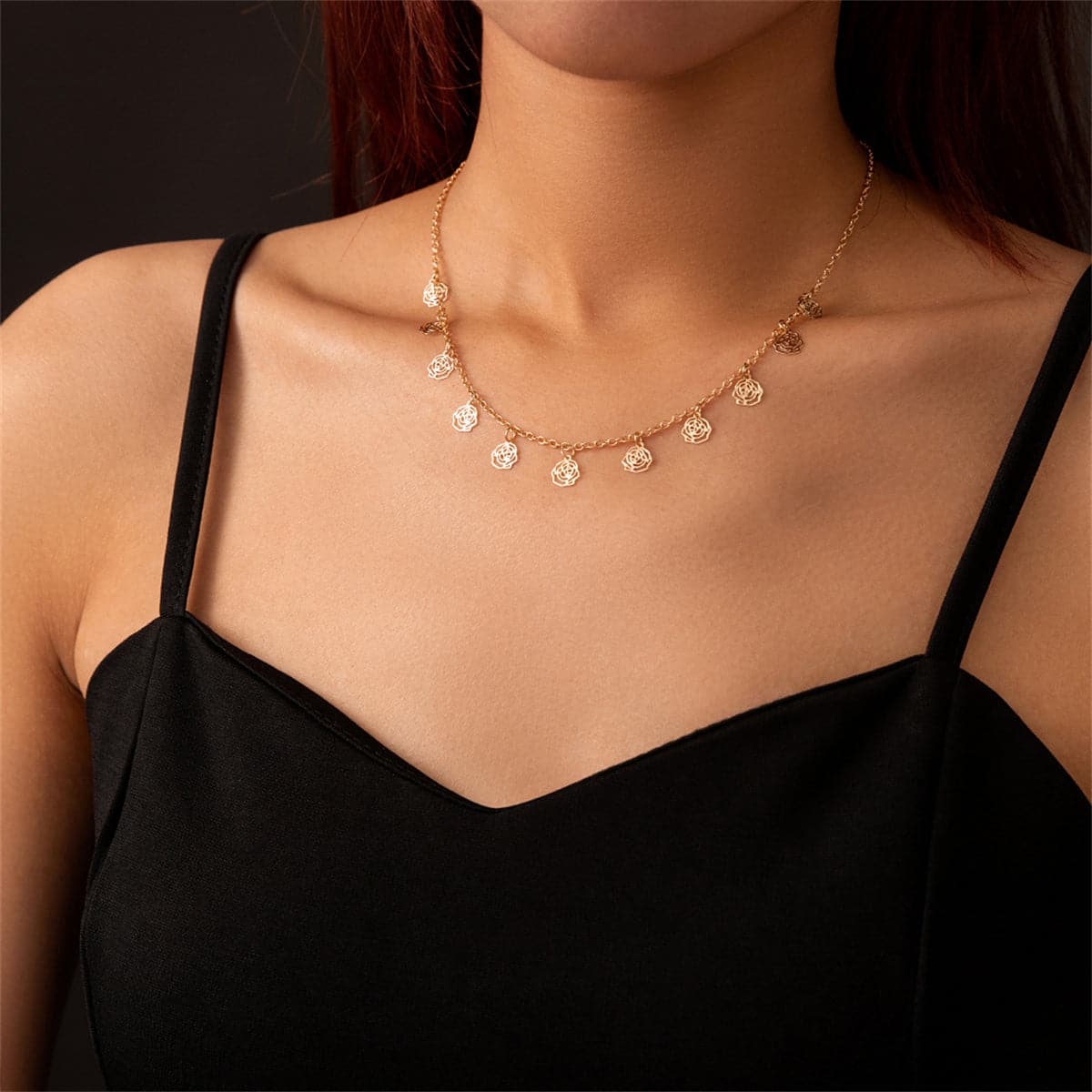 18K Gold-Plated Open Flower Station Necklace, gold pendant necklace for women, dainty minimalist design, front view