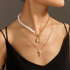 Pearl & 18K Gold-Plated Key Lock Pendant Necklace Set
