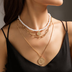 Pearl & 18K Gold-Plated Coin Triple-Chain Layered Pendant Necklace