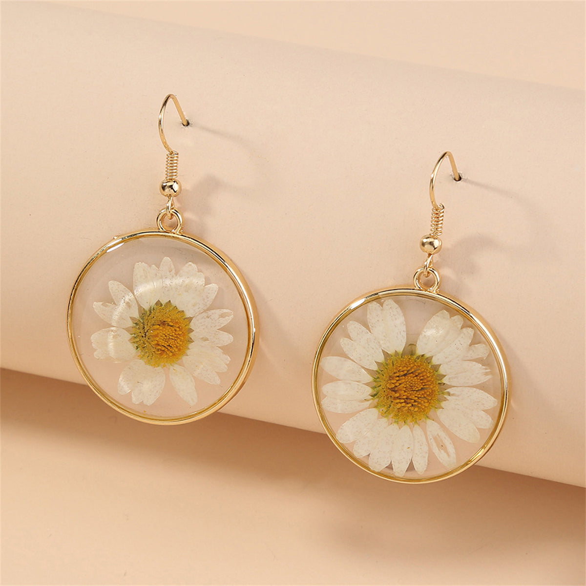 18K Gold-Plated Pressed Mum Round Drop Earring, gold drop earrings for women, dainty minimalist design, side view
