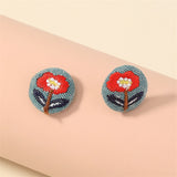 Silver-Plated & Red Floral Woven Stud Earrings