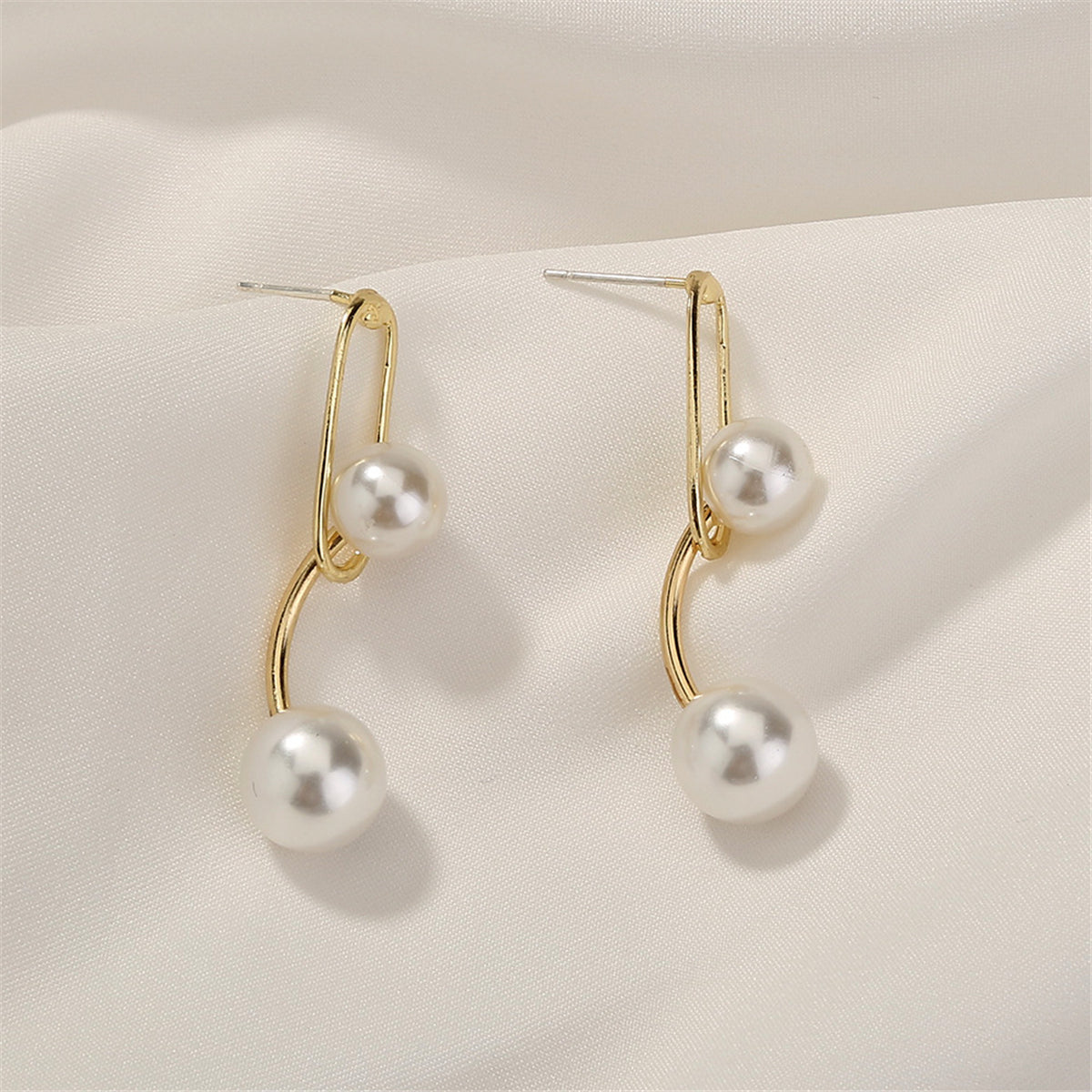 Pearl and 18K Gold-Plated Double Drop Earrings, gold drop earrings for women, vintage-inspired design, front view