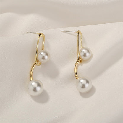 Pearl and 18K Gold-Plated Double Drop Earrings, gold drop earrings for women, vintage-inspired design, front view