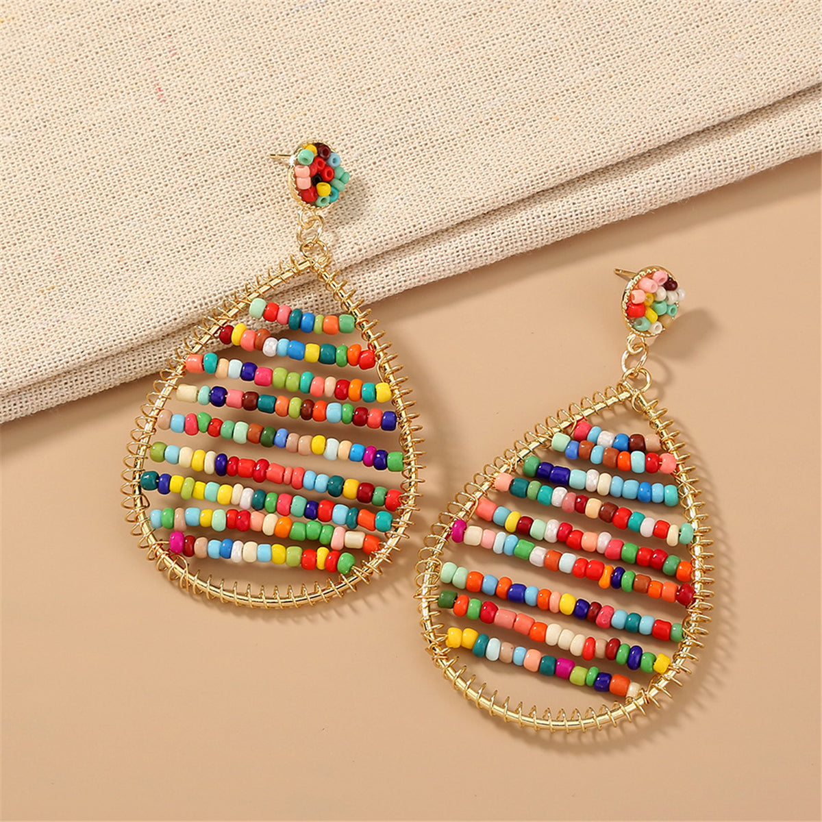 Multicolor Howlite and 18K Gold-Plated Drop Earrings, gold drop earrings for women, vintage-inspired design, front view