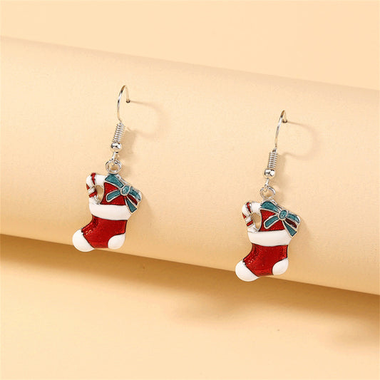 Red Enamel and Silver-Plated Stocking Drop Earrings, silver drop earrings for women, botanical inspired, front view