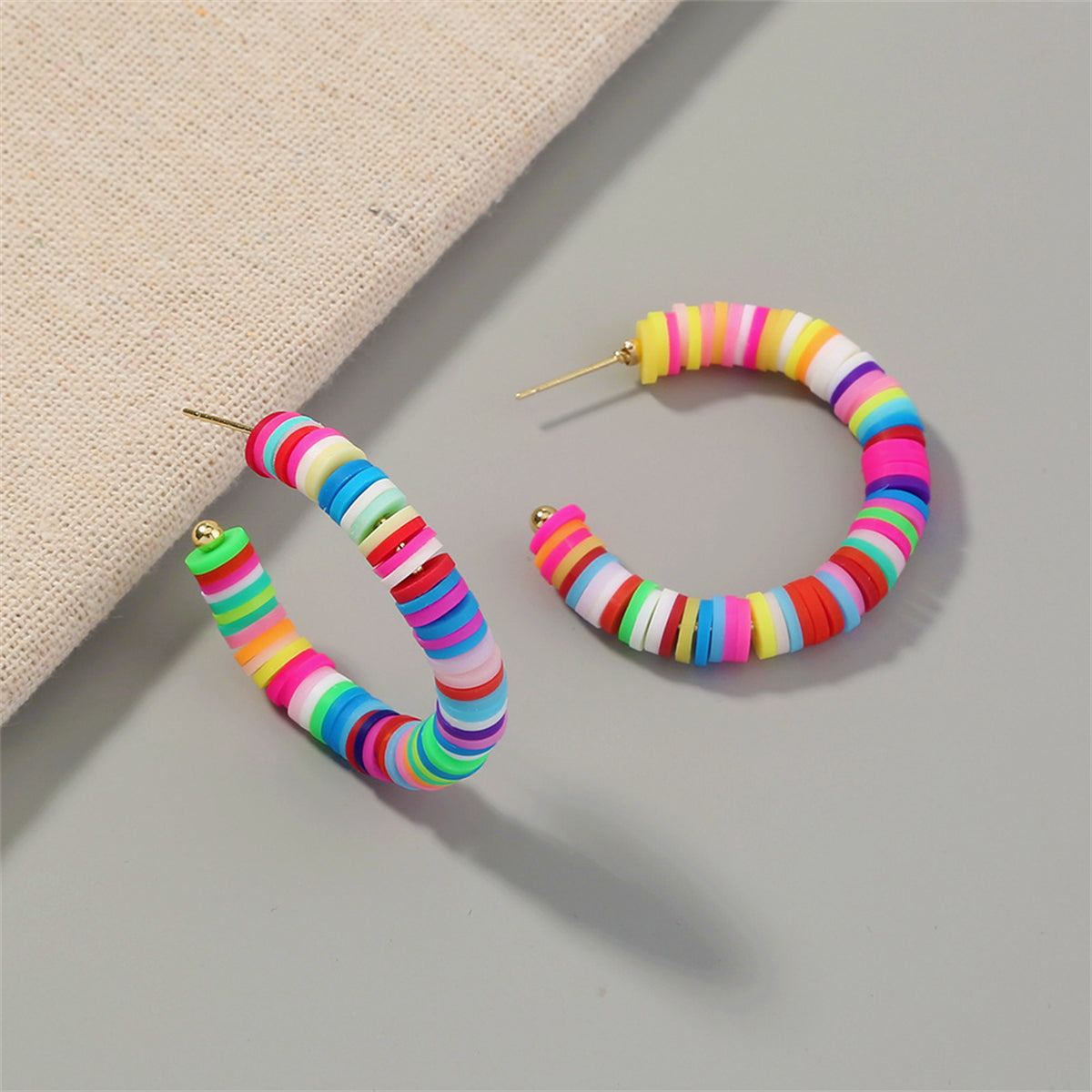 Rainbow Polymer Clay and 18K Gold-Plated Hoop Earrings, botanical inspired, side view