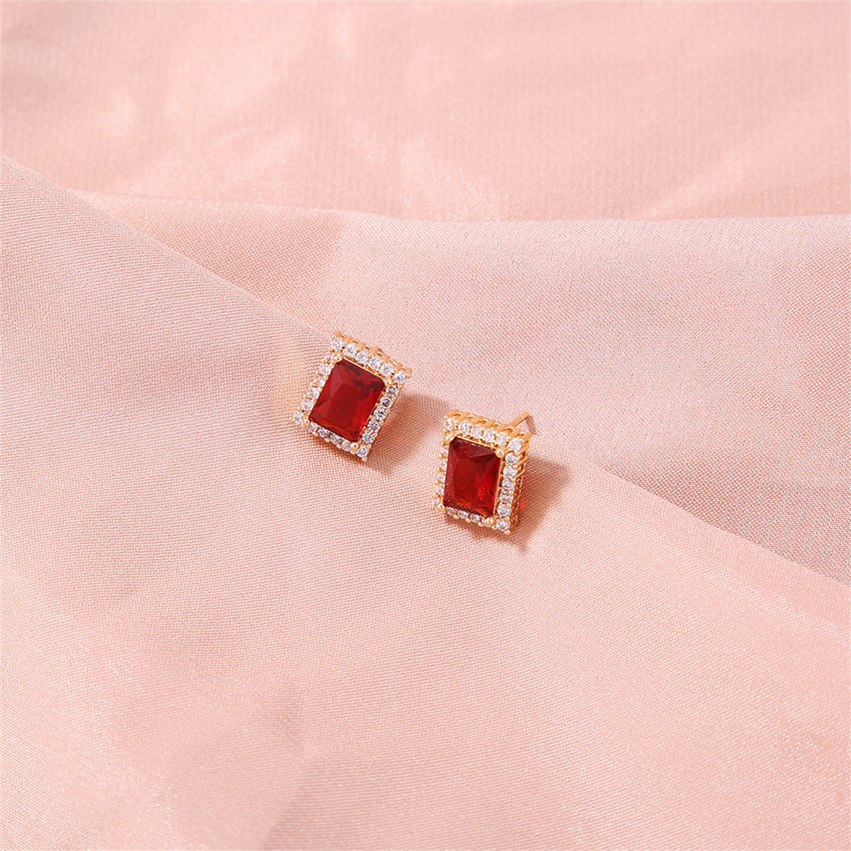 Red Crystal & Cubic Zirconia 18K Gold-Plated Rectangle Halo Stud Earrings