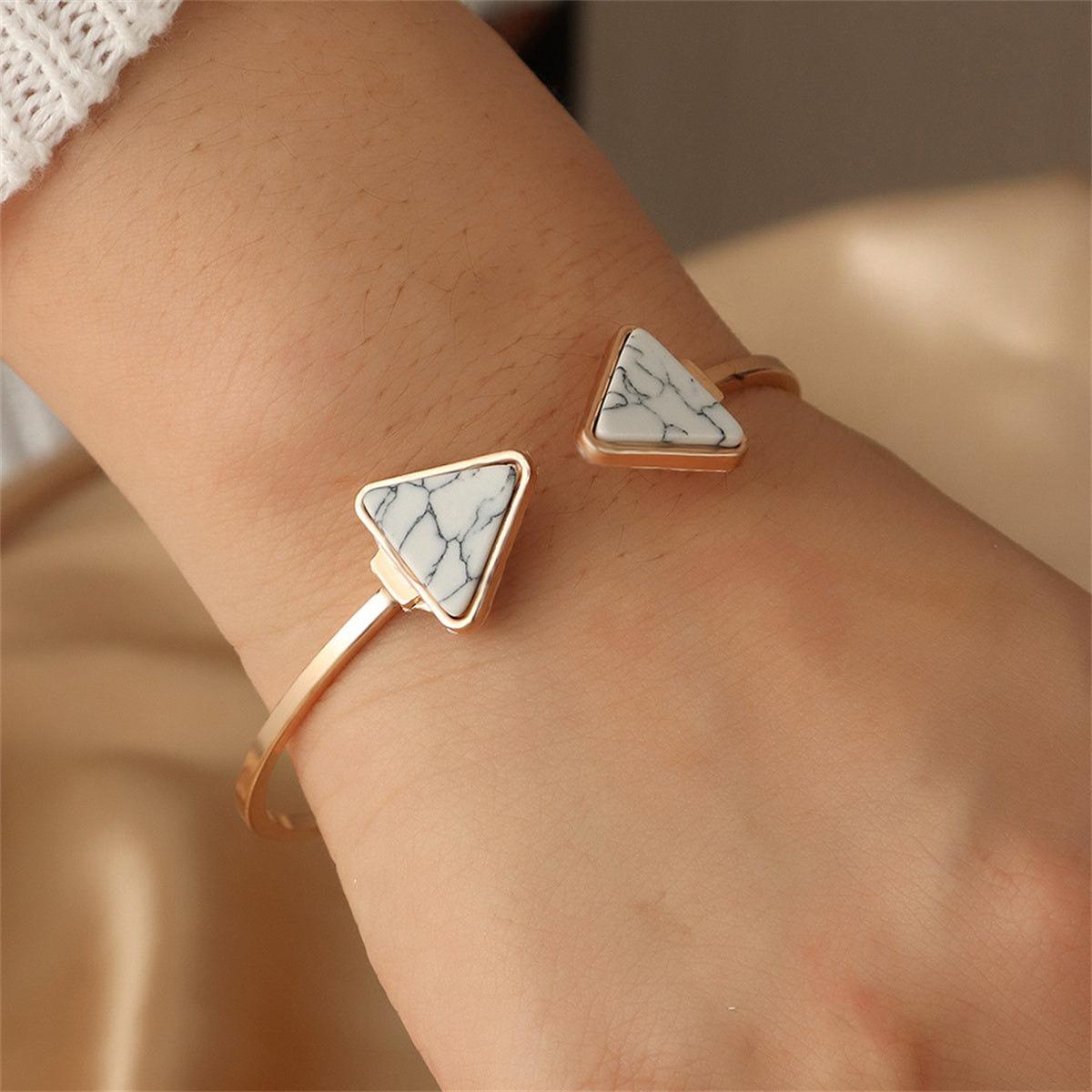 Turquoise and 18K Gold-Plated Triangle Cuff, gold bracelet for women, botanical inspired, front view