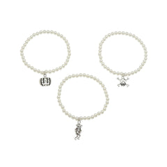 Pearl & Silver-Plated Skull Pumpkin Charm Stretch Bracelet Set