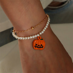 Pearl & Orange Enamel 18K Gold-Plated Pumpkin Layered Charm Bracelet