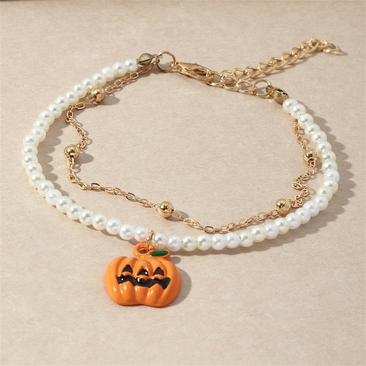 Pearl & Orange Enamel 18K Gold-Plated Pumpkin Layered Charm Bracelet