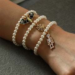 Pearl & Enamel 18K Gold-Plated Bat Stretch Charm Bracelet Set