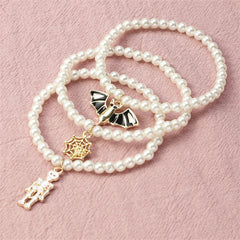 Pearl & Enamel 18K Gold-Plated Bat Stretch Charm Bracelet Set