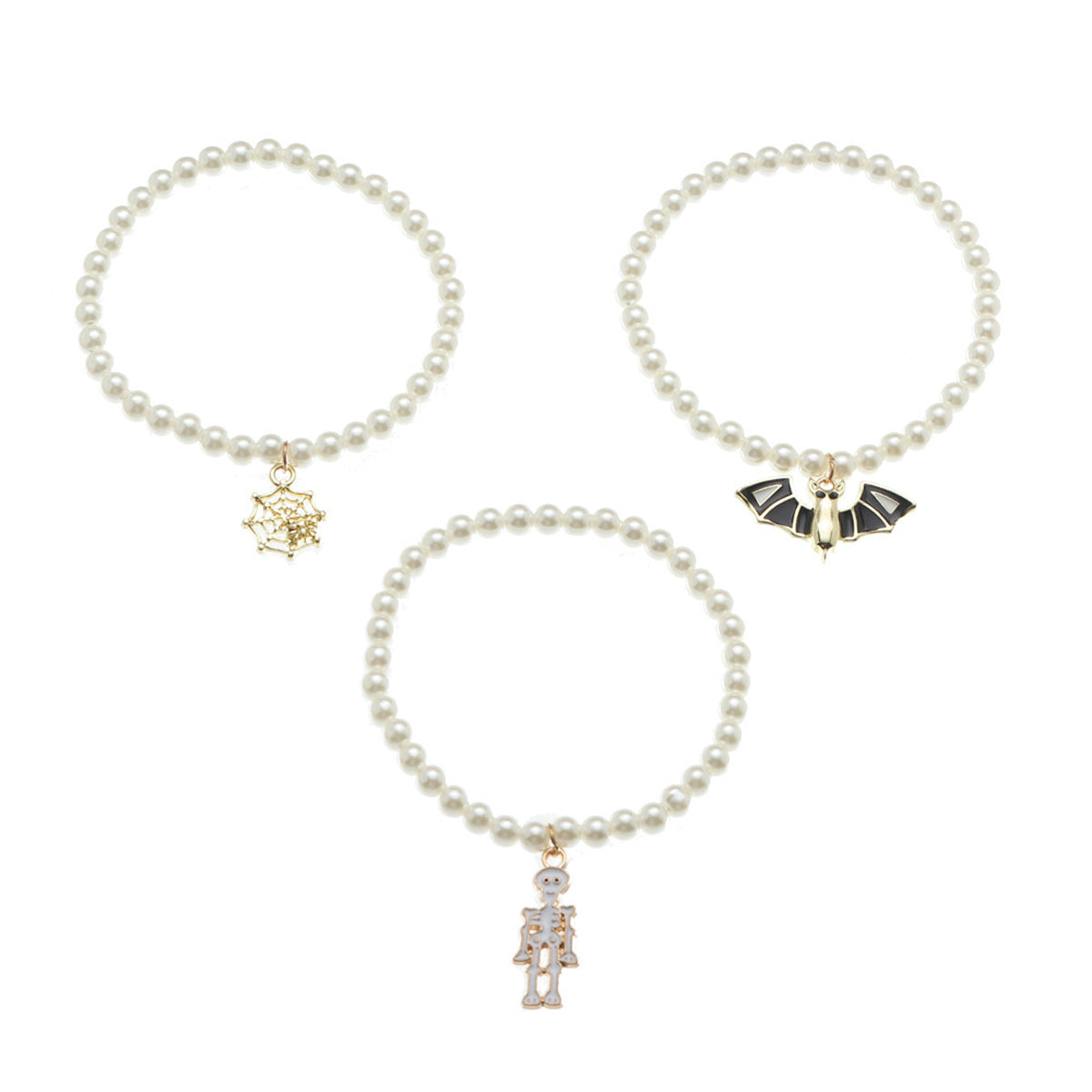 Pearl & Enamel 18K Gold-Plated Bat Stretch Charm Bracelet Set