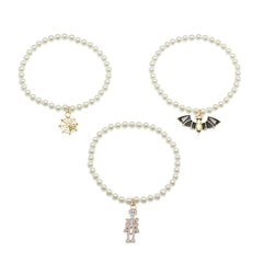 Pearl & Enamel 18K Gold-Plated Bat Stretch Charm Bracelet Set
