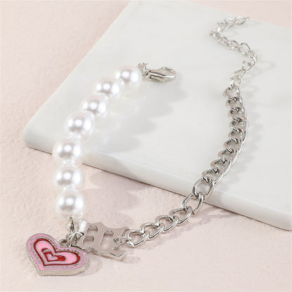Pearl and Pink Enamel Silver-Plated Heart Charm Bracelet, silver bracelet for women, elegant gift for her, side view