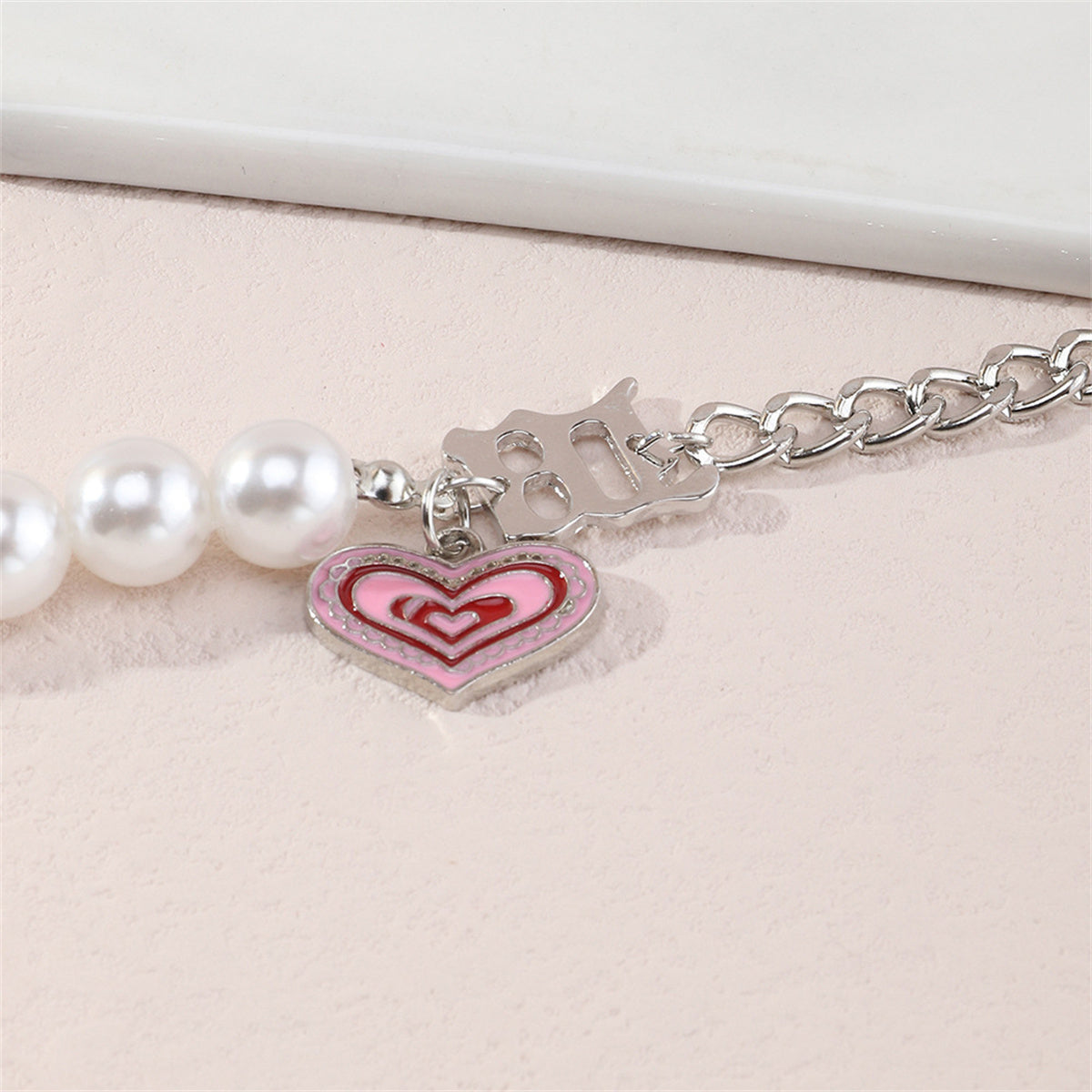 Pearl and Pink Enamel Silver-Plated Heart Charm Bracelet, silver bracelet for women, elegant gift for her, lifestyle look
