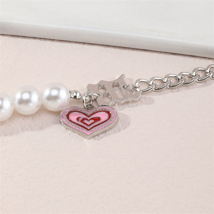 Pearl and Pink Enamel Silver-Plated Heart Charm Bracelet, silver bracelet for women, elegant gift for her, lifestyle look