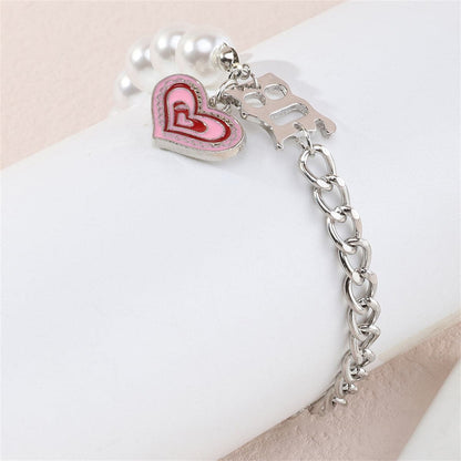 Pearl and Pink Enamel Silver-Plated Heart Charm Bracelet, silver bracelet for women, elegant gift for her, front view