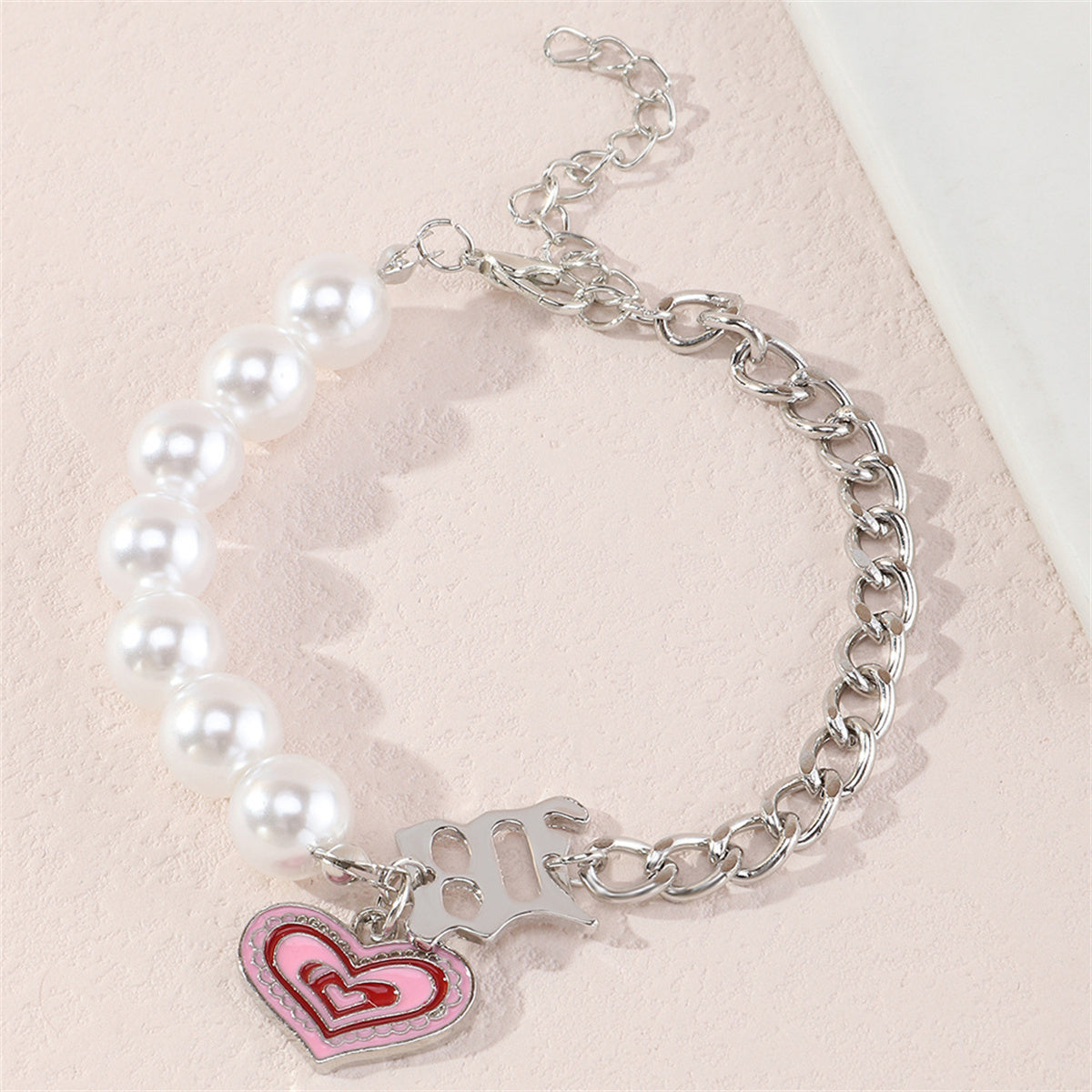Pearl and Pink Enamel Silver-Plated Heart Charm Bracelet, silver bracelet for women, elegant gift for her, detail close-up