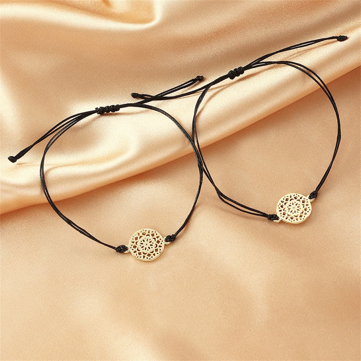 Black Polyster and 18K Gold-Plated Filigree Circle Charm Adjustable Bracelet Set, jewelry gift sets for women, front view