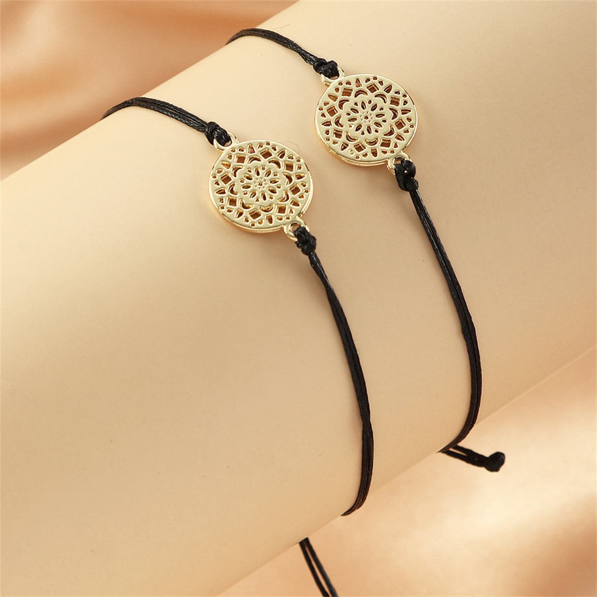 Black Polyster and 18K Gold-Plated Filigree Circle Charm Adjustable Bracelet Set, jewelry gift sets for..., detail close-up