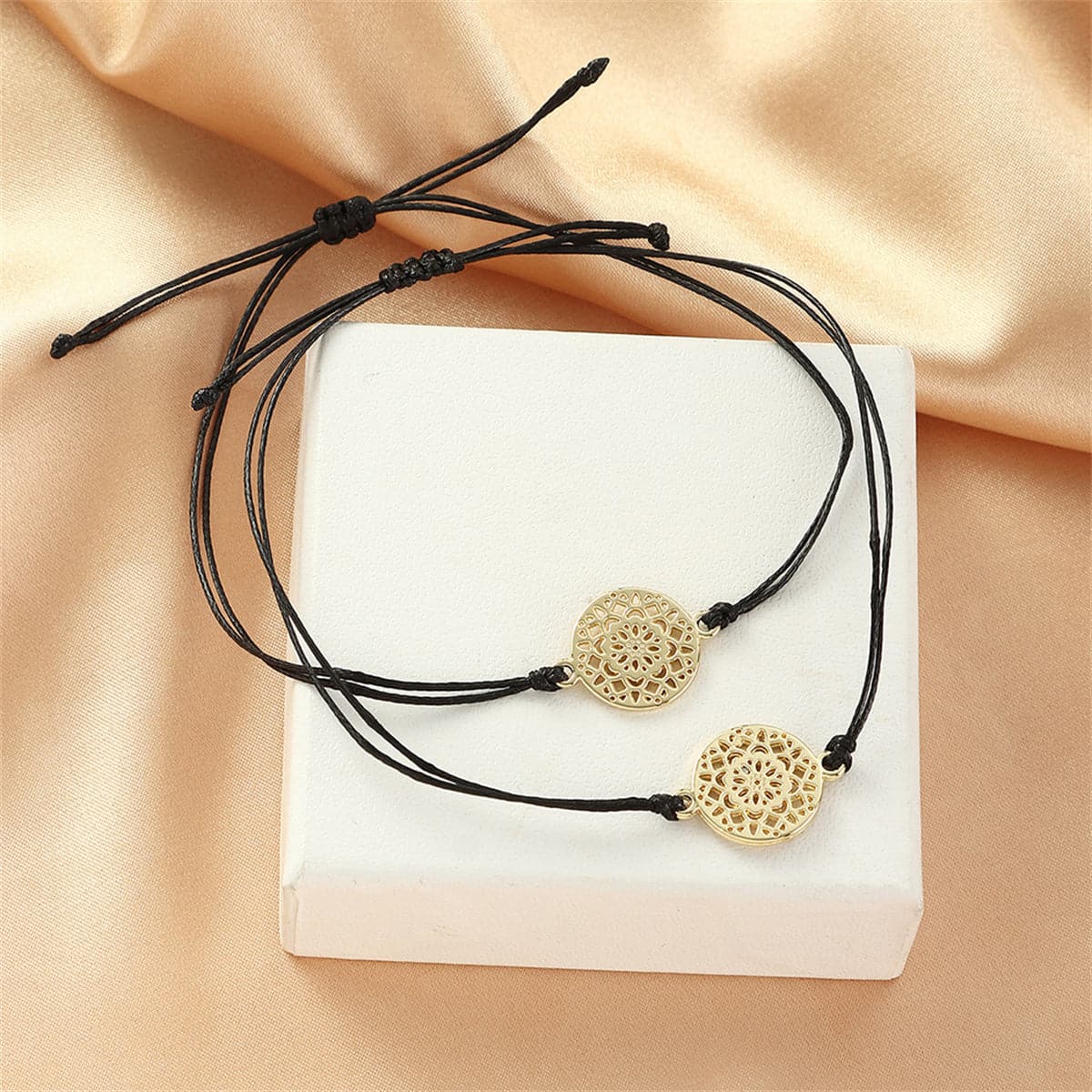 Black Polyster and 18K Gold-Plated Filigree Circle Charm Adjustable Bracelet Set, jewelry gift sets for women, side view