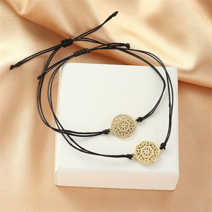 Black Polyster and 18K Gold-Plated Filigree Circle Charm Adjustable Bracelet Set, jewelry gift sets for women, side view