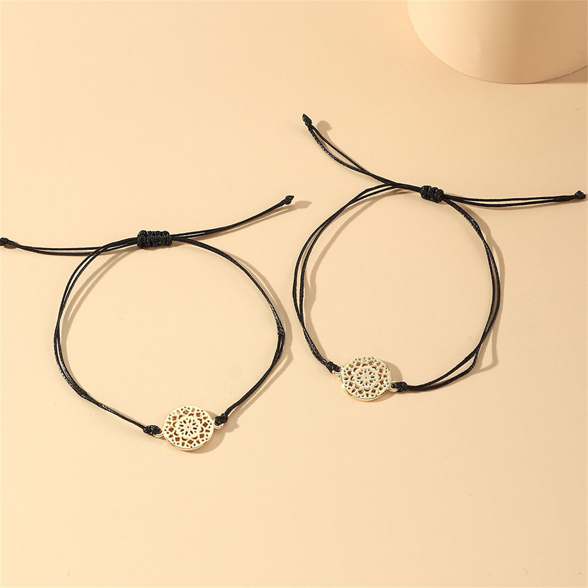 Black Polyster and 18K Gold-Plated Filigree Circle Charm Adjustable Bracelet Set, jewelry gift sets for women, lifestyle look