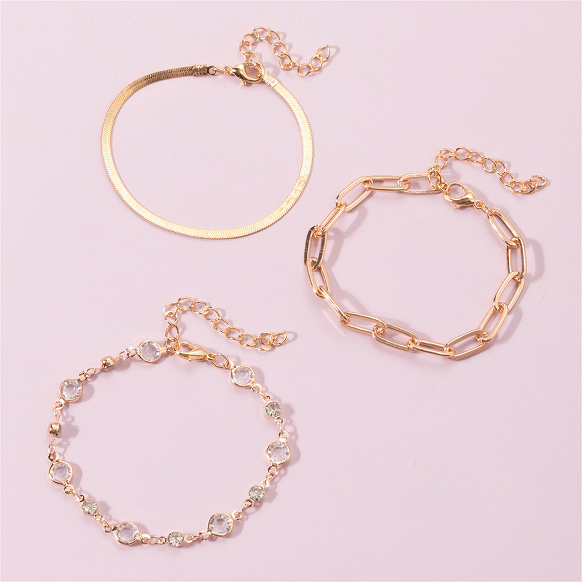 Cubic Zirconia & 18K Gold-Plated Snake Chain Bracelet Set