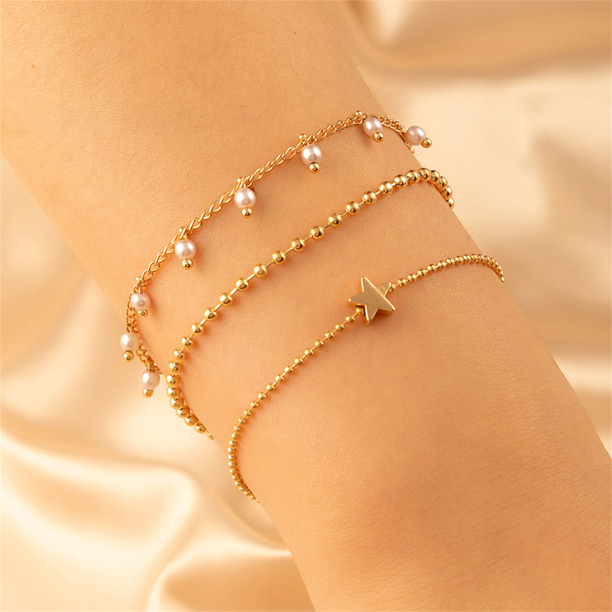 Pearl and 18K Gold-Plated Star Bead Bracelet Set, gold bracelet for women, vintage-inspired design, front view
