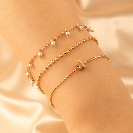 Pearl and 18K Gold-Plated Star Bead Bracelet Set, gold bracelet for women, vintage-inspired design, front view