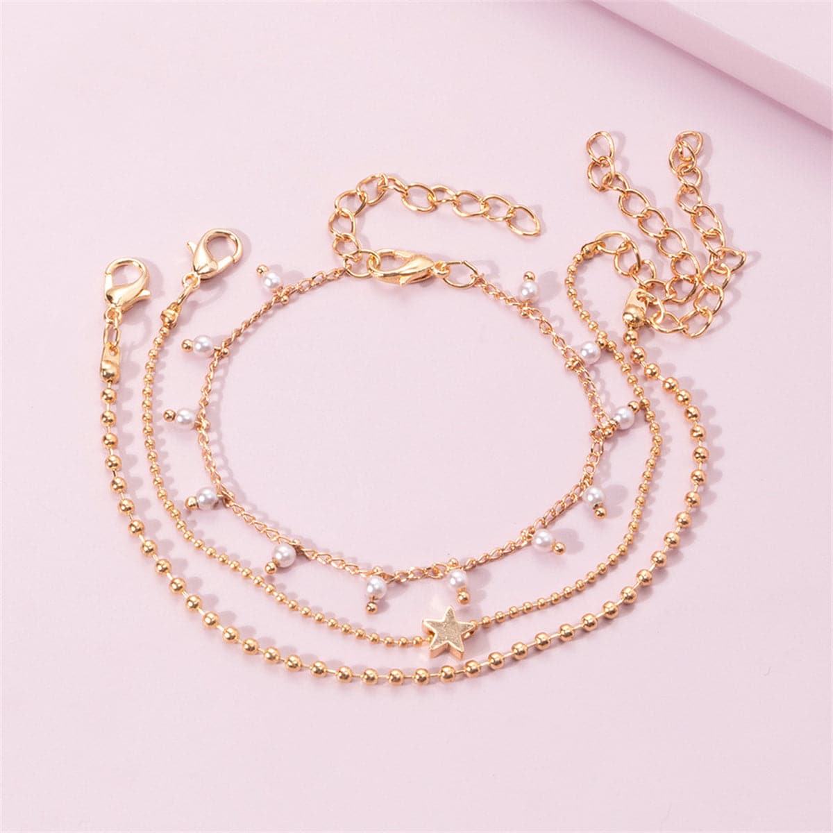 Pearl and 18K Gold-Plated Star Bead Bracelet Set, gold bracelet for women, vintage-inspired design, side view