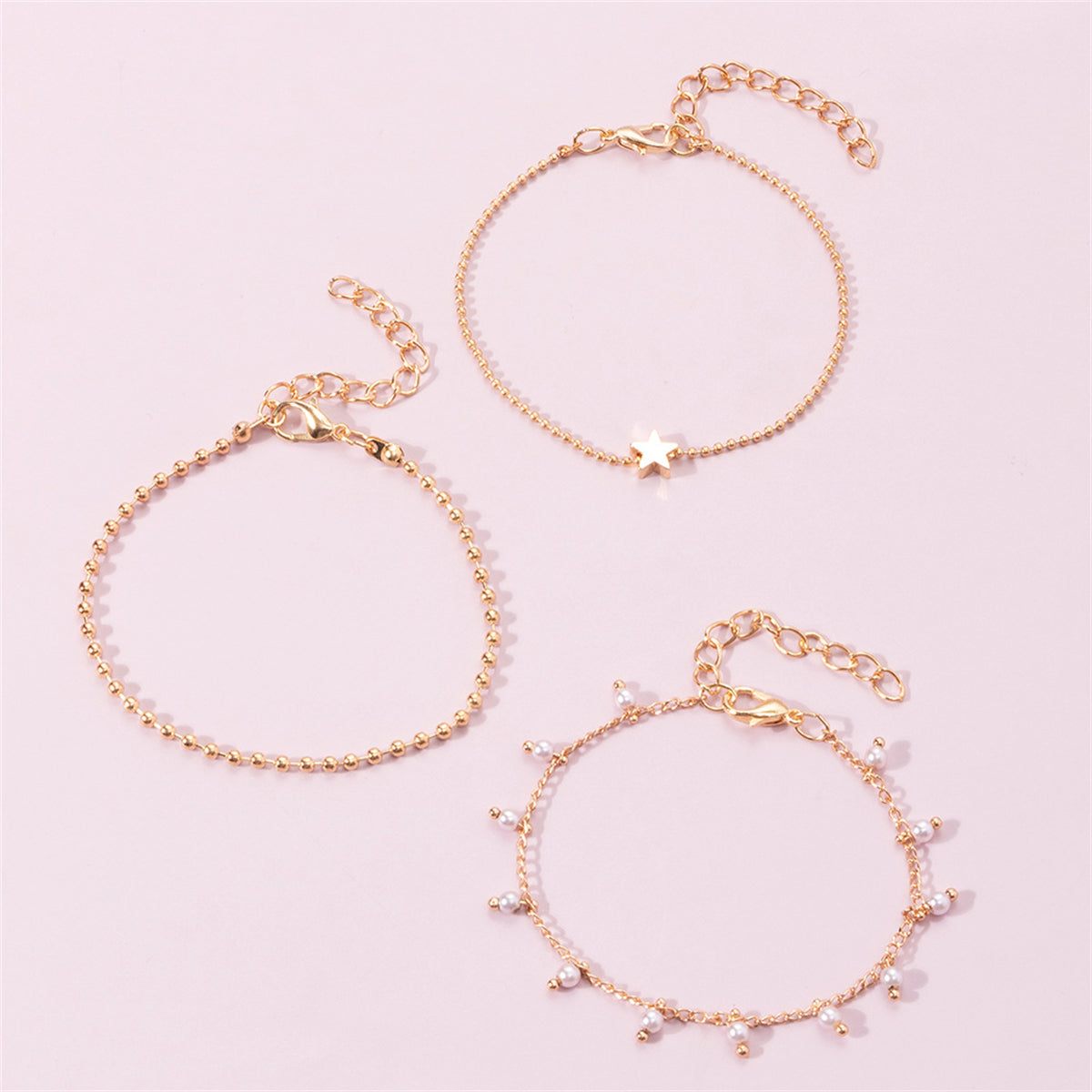 Pearl and 18K Gold-Plated Star Bead Bracelet Set, gold bracelet for women, vintage-inspired design, styled look