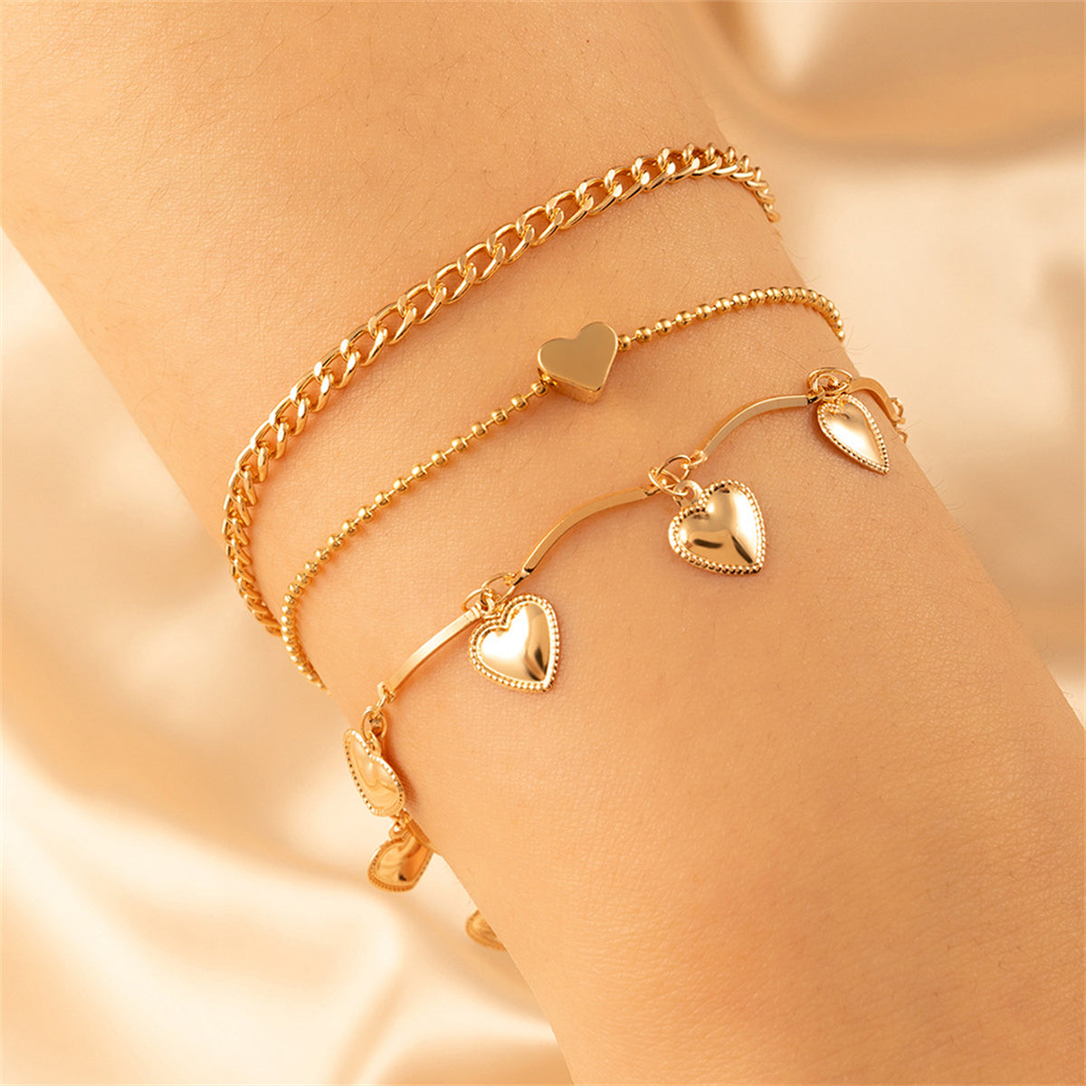 18K Gold-Plated Heart Charm Bracelet Set