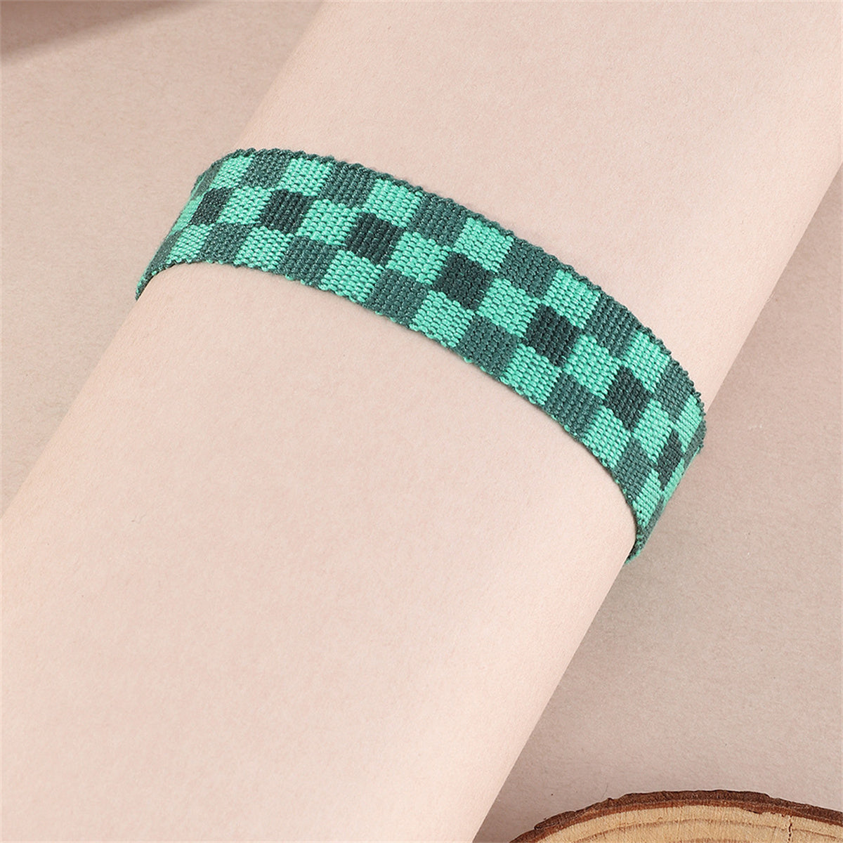 Green Check Cord Bracelet, bracelet for women, botanical inspired, side view